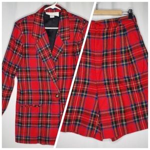 Summit Hill Vtg Shorts Blazer Set Womens 8 12 Red Plaid Old Money Classic Preppy